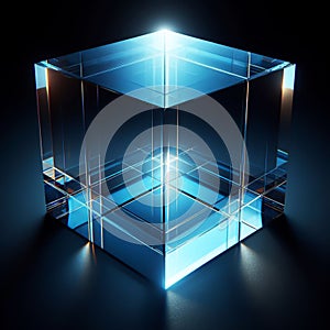 3D cube with refraction light and holographic effect on dark background