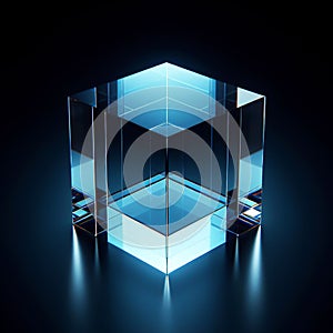 3D cube with refraction light and holographic effect on dark background