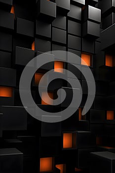 3d cubes background, abstract technology wallpaper with black and orange cubes