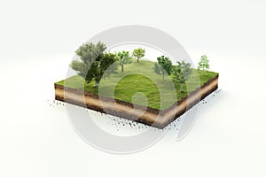 3D cubical garden grass land with trees, soil geology cross section, 3D Illustration ground ecology isolated on white background