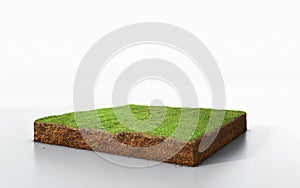 3D cubical grass land with soil geology cross section