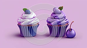 A 3d cupcake icon with ice cream, blueberries and purple icing for a cafe menu. Delicious bakery confectionery