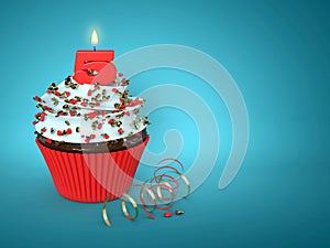 3d cupcake with number 5 candle over blue