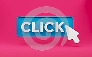 3d Cursor Clicks the Button with text click. minimal concept isolated. 3d rendering