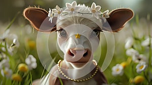 3D cute baby cow with white and brown colors, wearing a gold necklace around its neck, a small yellow star on its forehead,