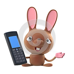 3d Cute cartoon Easter bunny rabbit character chats on a cellphone