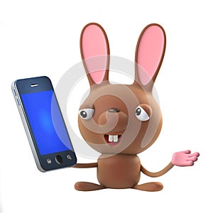 3d Cute cartoon Easter bunny rabbit character has a smartphone tablet device