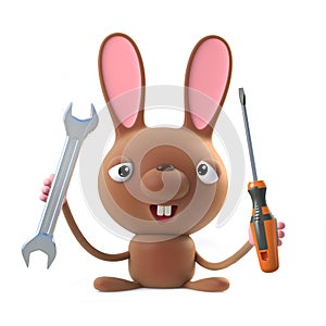 3d Cute cartoon Easter bunny rabbit character has a spanner and screwdriver