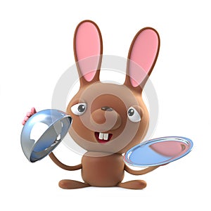 3d Cute cartoon Easter bunny rabbit character offers silver service