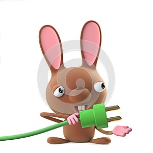 3d Cute cartoon Easter bunny rabbit character uses green energy