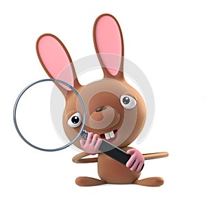 3d Cute cartoon Easter bunny rabbit using a magnifying glass