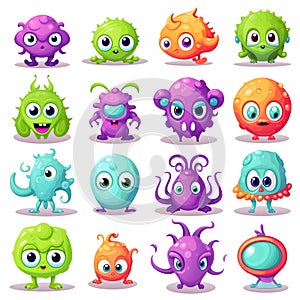 3D Cute cartoon monsters. Comic halloween joyful monster characters. Funny devil, ugly alien and smile creature flat vector set