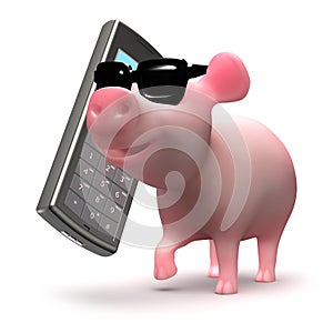 3d Cute cool piglet chats on a cellphone