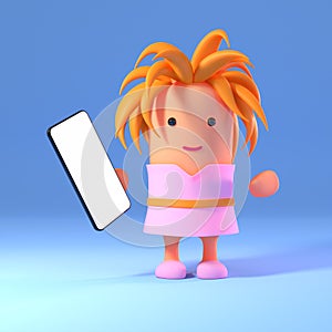 3d cute and funny cartoon girl in pink dress holding a smartphone tablet device