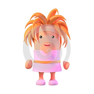 3d cute and funny cartoon girl in pink dress and spiky red hair