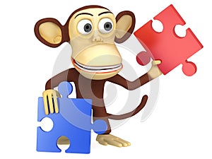 3d cute monkey with red and blue puzzle pieces