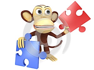 3d cute monkey with red and blue puzzle pieces