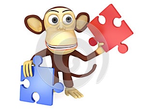 3d cute monkey with red and blue puzzle pieces