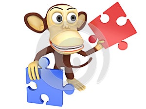 3d cute monkey with red and blue puzzle pieces