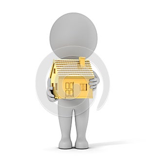 3d cute people - holding golden simple house