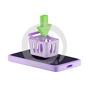 3d cute phone with a shopping cart making a purchase