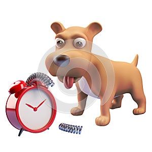 3d cute puppy dog has broken the alarm clock, 3d illustration