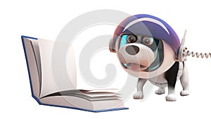 3d cute puppy dog wearing astronaut spacesuit reading a book in zero gravity, 3d illustration