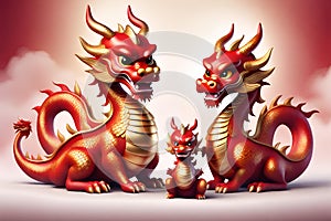 3d cute red and gold Chinese dragon family. one big dragon. small cute baby dragons. white background