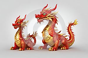 3d cute red and gold Chinese dragon family. one big dragon. small cute baby dragons. white background