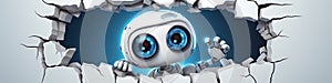 3D Cute robot peeking out of a hole in wall, torn hole, empty copy space frame, mockup on banner