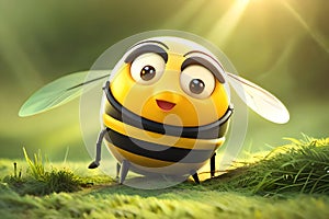 3D Cute Smile Little Bee Kawaii Character. Realistic Bee With Big Eyes. Generative AI