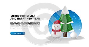 3d cute snowman and fir tree for merry christmas and happy new year