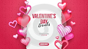 3d cute valentine`s day sale promo banner card with decorative hearts and torn paper for text eps10 vector template background