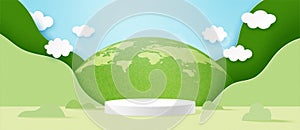 3d Cylinder podium on green nature landscape background.Earth Day or World Environment Day banner template background