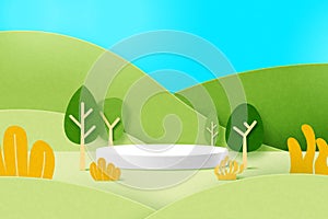 3D cylinder podium on green nature mountains landscape background.Paper art style, Vector illustration