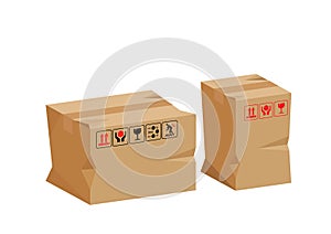 3D damaged crate box. Broken brown cardboard box. Cardboard parcel box. Goods packed. Isolated on white background. flat style