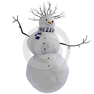 3D dancing snowman with purple and white striped scarf and twigs for afro haircut