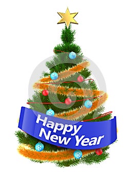 3d dark green Christmas tree with happy new year sign