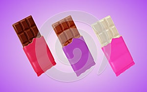 3d Dark, Milk and White Chocolate Bar Sweet Dessert Food Set Cartoon Style. Vector