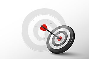 3d dart hit to center of dartboard in right composition with white background. minimal cartoon illustration.