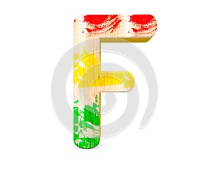 3D decorative wooden colored red green yellow Alphabet, capital letter F.