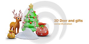 3D deer, decorated Christmas tree, snow drift, bags with gifts. Santa helper