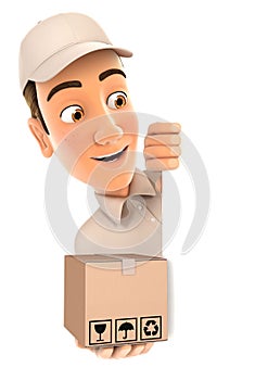 3d delivery man behind left wall and holding package