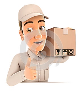 3d delivery man carrying package with thumb up