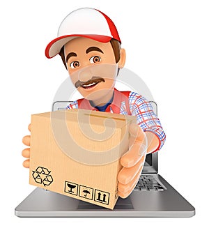 3D Delivery man coming out a laptop screen with a package