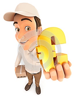 3d delivery man holding gold euro sign