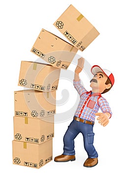 3D Delivery man with a pile of boxes falling on top. Work accidents