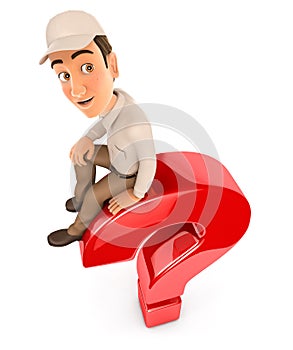 3d delivery man sitting on top of question mark