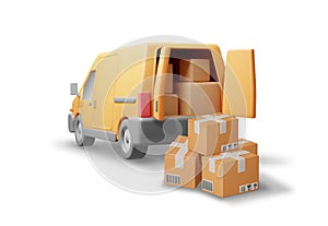 3D Delivery Van and Cardboard Boxes