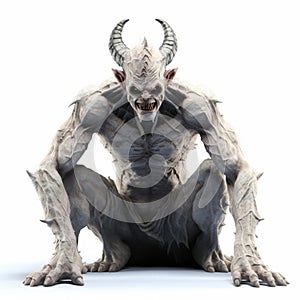 3d Demon Rendering With Long Horns On White Background